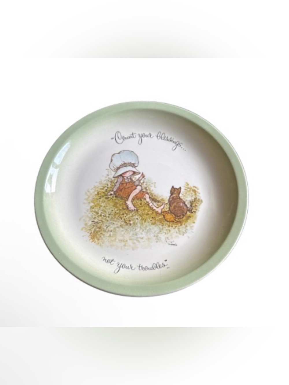 Vintage Green Rim Small Pet Ceramic Bowl with Illustration